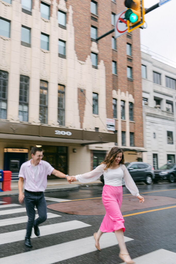rainy engagement session downtown