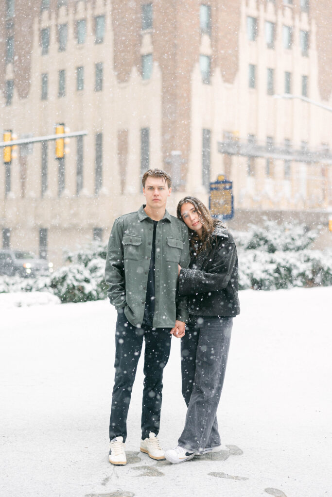 snowy engagement session