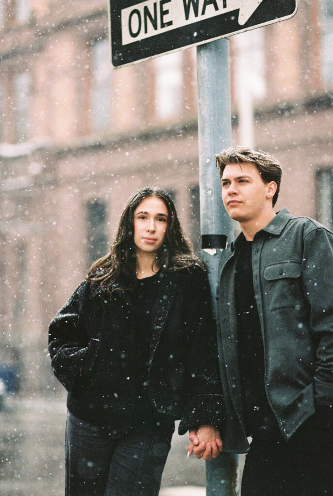 snowy engagement session